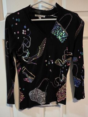Vintage Designer Black Sequin-Embellished Long Sleeve Top